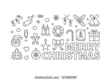 Merry Christmas vector linear horizontal banner. Xmas minimal illustration in thin line style
