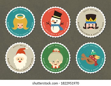 Merry Christmas vector logo with cartoon character collection , Merry Christmas vector badge with cute cartoon illustration set. 