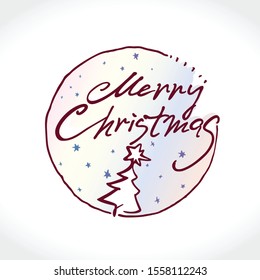 Merry Christmas vector logo with Christmas tree and stars. Handwritten round stamp in Christmas winter color. Handwritten pattern.