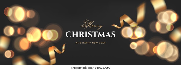 Merry Christmas vector luxury banner design. Black golden background with flying gold confetti. Elegant festive decoration, long panoramic gift card or wide web layout template