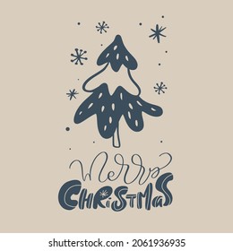 Feliz vector navideño monolina letras caligráficas texto y doodle navideño elementos escandinavos. Tarjeta de saludo para Navidad de invierno y Año Nuevo Feliz.