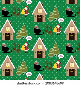 merry christmas vector new year santa green fashion trend color coral house pine tree cat deer car gift winter snow bell textile fashion texture background wallpaper holiday happy