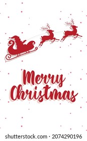 Merry Christmas vector on a white background. Christmas card with Santa Claus flying in a sleigh with reindeer. Creative typography for Holiday Greeting Gift Poster. Calligraphy Font style Banner.