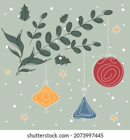 Frohe Weihnachtsvektor-Ornamente auf Eukalyptus und Ilex-Zweig