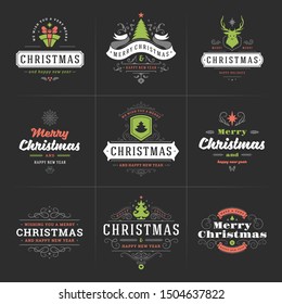 Merry Christmas vector ornate labels and badges set, happy new year and winter holidays wishes typography for greeting cards and banners, ornament decoration design elements. Vector illustration.