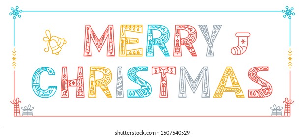 Merry Christmas vector outline typography. Congratulation for festive greeting card, postcard. Creative color lettering with winter season ornaments doodles. New Year banner, poster design