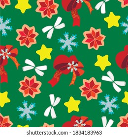 
Merry Christmas vector pattern with bows, stars, snowflakes, knitted elements, seamless, holiday theme.Vector elements, hand-drawn, for gift paper, posters, flyers, Christmas background