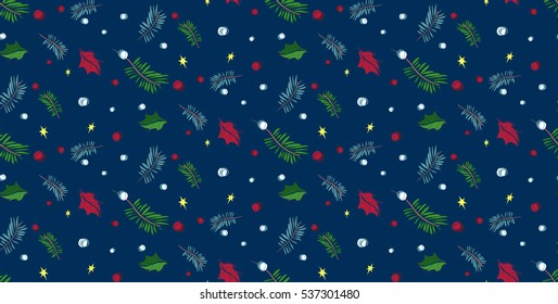 Merry Christmas vector pattern with pine branches, berries, stars, snow and beautiful leaves. Gorgeous dark blue background. 