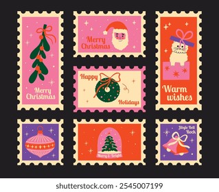 Merry Christmas vector post stamps sticker elements design set. Collection of cute groovy funky cartoon illustration with winter holiday objects bow, sants, wreath, bells, xmas bauble, mistletoe