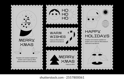 Merry Christmas vector post stamps sticker elements design set. Collection of cute groovy funky cartoon illustrations with Santa Claus,  bells, xmas bauble.