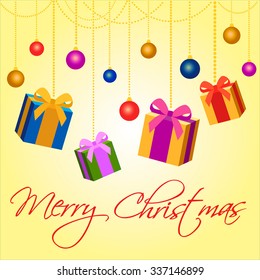 Merry christmas vector postcard with gifts and christmas toys.