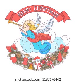 merry Christmas. Vector postcard, illustration. The angel blows the trumpet. A garland of fir branches decorated with Christmas decorations. Isolated on white background.