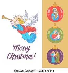 merry Christmas. Vector postcard, illustration. Angels trumpeting. Isolated on white background. Set of Christmas balls with the image of the virgin Mary Madonna with baby Jesus and St. Joseph.