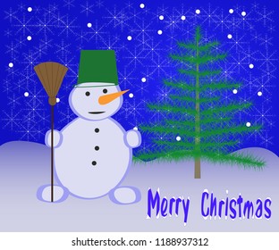 Merry Christmas. Vector postcard with snowman, Christmas tree and snowflakes on blue background