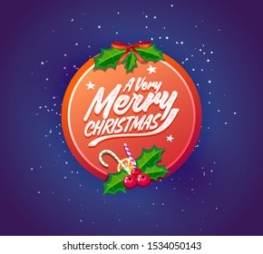 Merry Christmas vector postcard template. Creative Xmas greeting card design idea. Traditional winter holiday congratulation on blue background. Happy Yuletide celebration illustration