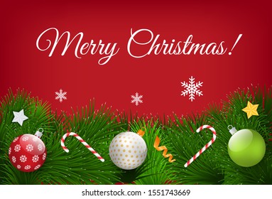 Merry Christmas vector, poster with greeting text and decorative elements. Symbol of winter holidays, snowflakes and fir branches. Pine tree and candies sticks with bauble toys flat style illustration
