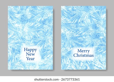 Merry Christmas vector poster set with frozen glass pattern and ice for cover design, cards, flyer, poster. Blue winter texture art background. Christmas abstract illustration. Ice. Cold. Frozen water