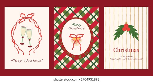 Merry Christmas vector posters set. Trendy winter holiday greeting card templates with champagne glasses, ribbons, jingle bells, holly berry ornament, stripes. Modern festive wall art print, cards