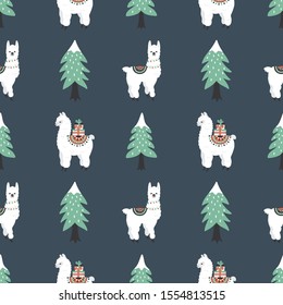 Merry Christmas vector print. Seamless pattern with Cute Lamas, gift boxes and christmas tree. Cartoon style illustration.