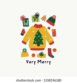 Merry Christmas vector print. Warm knitted sweater, hat, scarf and mittens, decorated tre