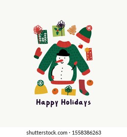 Merry Christmas vector print. Warm knitted sweater, hat, scarf and mittens, decorated tree