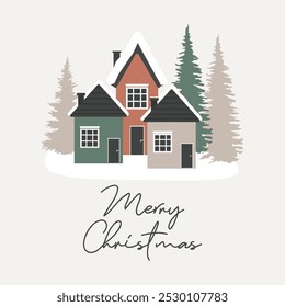 Merry Christmas vector quote. Cute little houses in a snowy forest on a light background. Winter holiday illustration. Christmas greeting card. Happy New Year background.