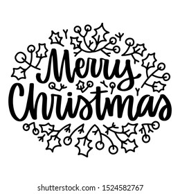 Merry Christmas. Vector quote and decor elements. Typography image with lettering. Black isolated phrase, design for t-shirt and prints.