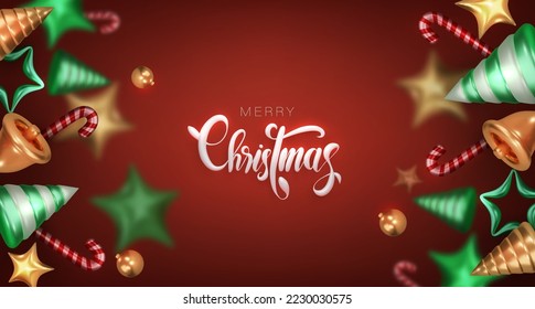 alegre fondo rojo vectorial de Navidad. 3 d diseño borroso navidad caña de caramelo, campana, estrella y árbol para tarjetas de saludo