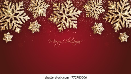 Merry Christmas - Vector christmas red background with gold snowflakes and shiny glitter