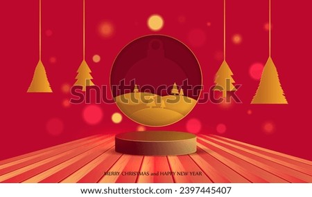 Merry Christmas vector. Red background with podium, christmas gold landscape, trees and wooden floor. Holiday x-mas card. Stage for display or present sale or gift product design.
