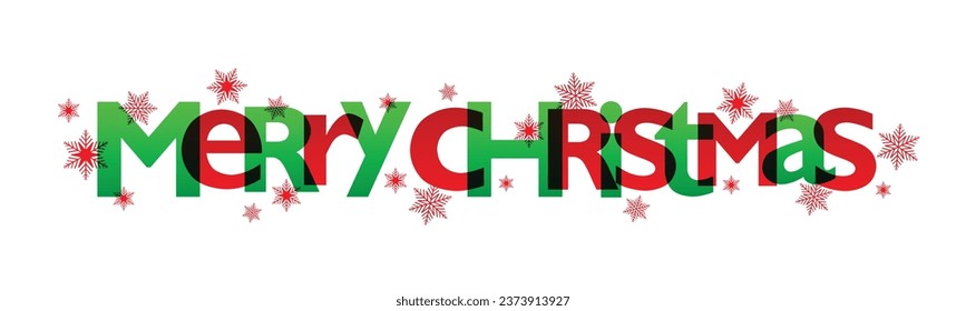 MERRY CHRISTMAS vector red and green typography banner with snowflakes