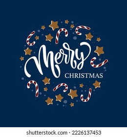 Merry Christmas Vector Round Composition with candy cane and gingerbread cookies. Template for invitation, card, banner, social media, poster, menu, cover, uniform, clothing