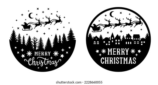Merry Christmas vector round door sign. Santa Claus flies in a sleigh with reindeer over the city and trees. Templates for laser or paper cutting. Isolated on white background.