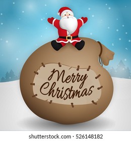 Merry Christmas. Vector Santa Claus sitting on big bag. Greeting card.