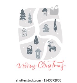 Merry Christmas vector scandinavian calligraphic vintage text with deer, houses and winter snowy nature. Greeting card template with vintage style elements Doodle Illustration