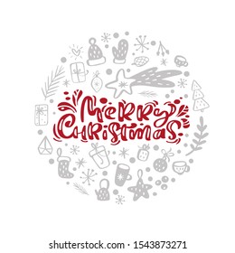 Merry Christmas vector scandinavian calligraphic vintage text in form of round ball with xmas elements. Greeting card template with vintage style elements Doodle Illustration