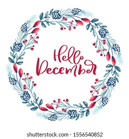 Merry Christmas vector scandinavian calligraphic vintage text. Winter Wreath with xmas phrase. Greeting card template with vintage style elements Doodle Illustration