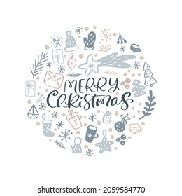 Merry Christmas vector scandinavian calligraphic vintage text in form of round ball with xmas elements. Doodle Greeting card template with vintage style elements Illustration.