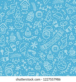 Merry Christmas. Vector seamless pattern  in doodle style. Blue
