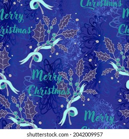 Merry Christmas vector seamless pattern with holly branches tied with ribbons, snowflakes and lettering. Holly Jolly Christmas