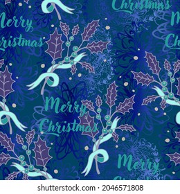 Merry Christmas vector seamless pattern with holly branches tied with ribbons, snowflakes and lettering. Holly Jolly Christmas