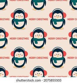 Merry Christmas. Vector Seamless Pattern with Christmas Cute Penguin in Headphones in Flat Style. Design Template. Cartoon Kids Character