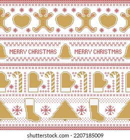 Merry Christmas vector seamless pattern with gingerbread man, heart, candy cane, mitten, sock, bell, xmas tree, snowflake. Christmas cookies cross stitch embroidery.