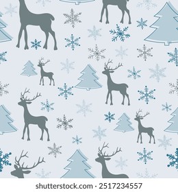 Merry Christmas vector seamless pattern in Scandinavian style. Winter holidays background, wallpaper, repeat pattern textile design with reindeer, Christmas tree and hand drawn snowflakes.