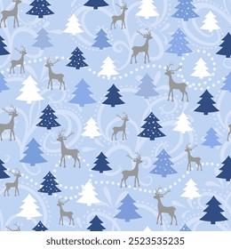 Merry Christmas vector seamless pattern in Scandinavian style. Winter holidays background, wallpaper, repeat pattern textile design with reindeers, Christmas tree, frost pattern.