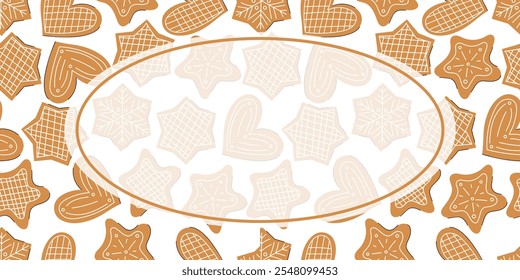 Merry Christmas. Vector seamless pattern with frame for text, advertising, sales with flat gingerbread cookies in heart, star and snowfall shape with white icing. Hand drawn vector flat illustration