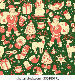 Merry Christmas vector seamless pattern, Happy New Year background, wrapping paper texture, doodles.Classic winter elements: santa, deer, tree, sock. Holidays icons