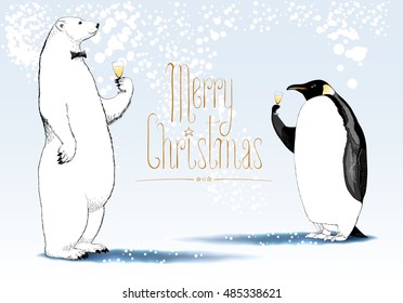 Merry Christmas vector seasonal greeting card. Penguin, polar bear cute characters drinking glass of champagne funny nonstandard illustration. Design element with Merry Christmas hand drawn lettering