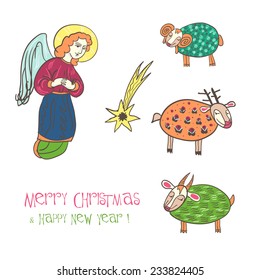 Merry Christmas vector set. Angel goat sheep star