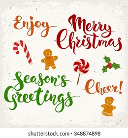 Merry Christmas vector set. Merry Christmas calligraphy. Christmas icons set. Food icons. 